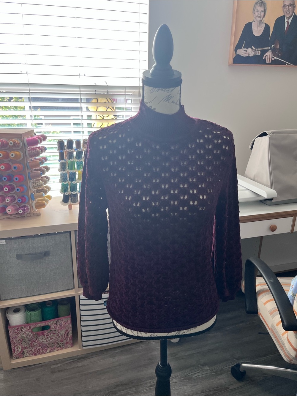 White House Black Market Open Knit Burgundy mock neck Sweater size medium